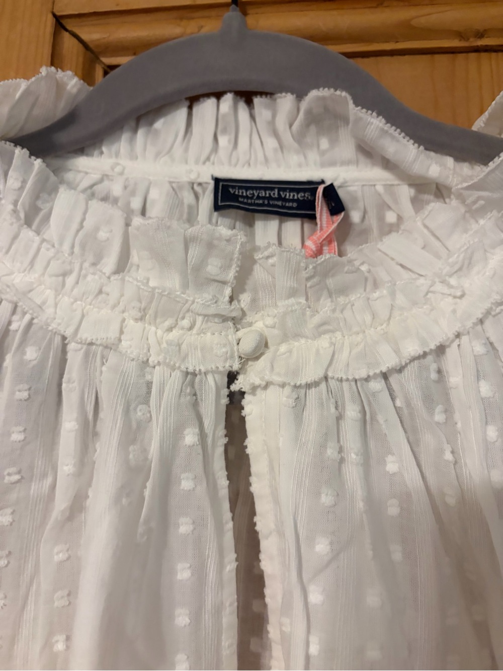 Vineyard Vines Women’s Cotton White Swiss Dot Ruffle Neck Blouse Sz Large - Picture 3 of 10